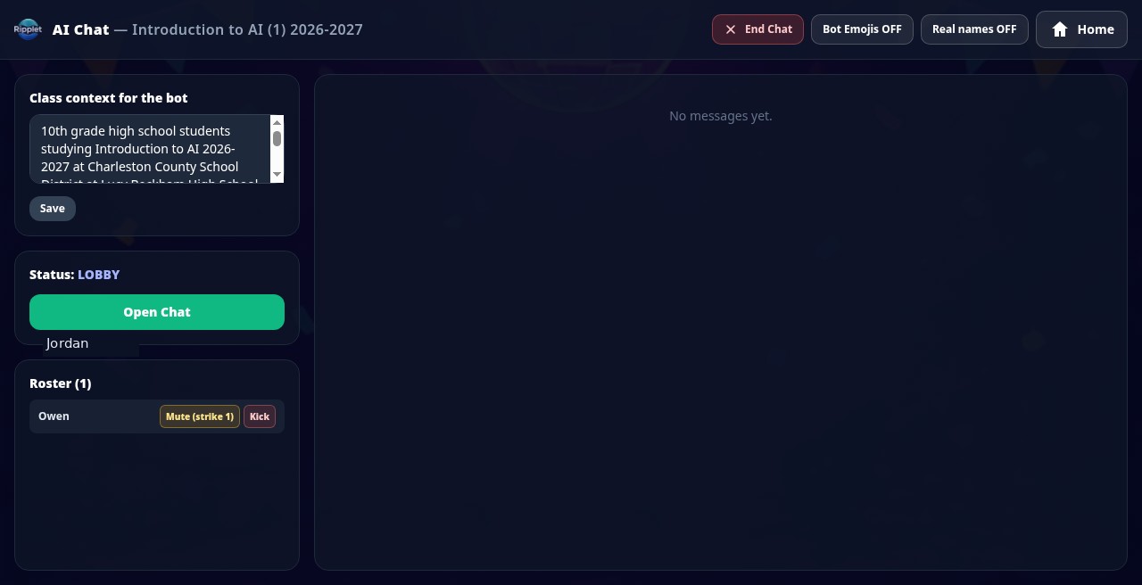 AI Chat lobby with roster and Open Chat