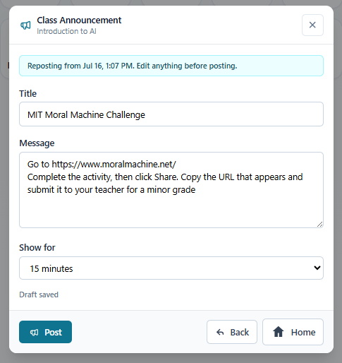 Class Announcements screenshot