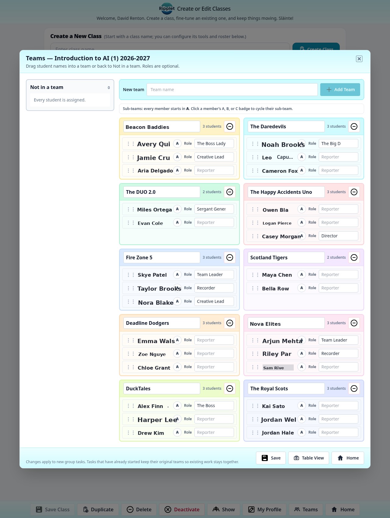 Ripplet drag-and-drop team builder