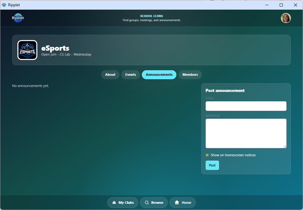 Club announcements screenshot
