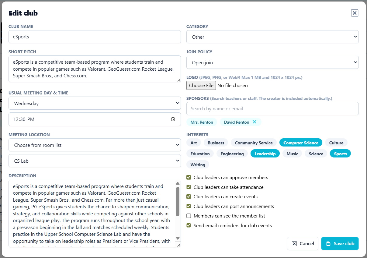 Club create form showing join policy settings