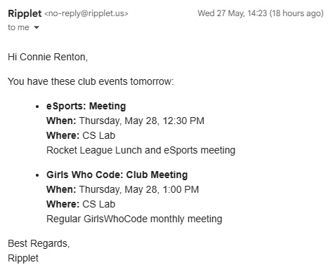Ripplet club email reminder screenshot