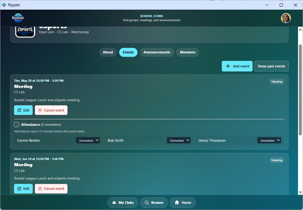 Student club leader attendance screenshot