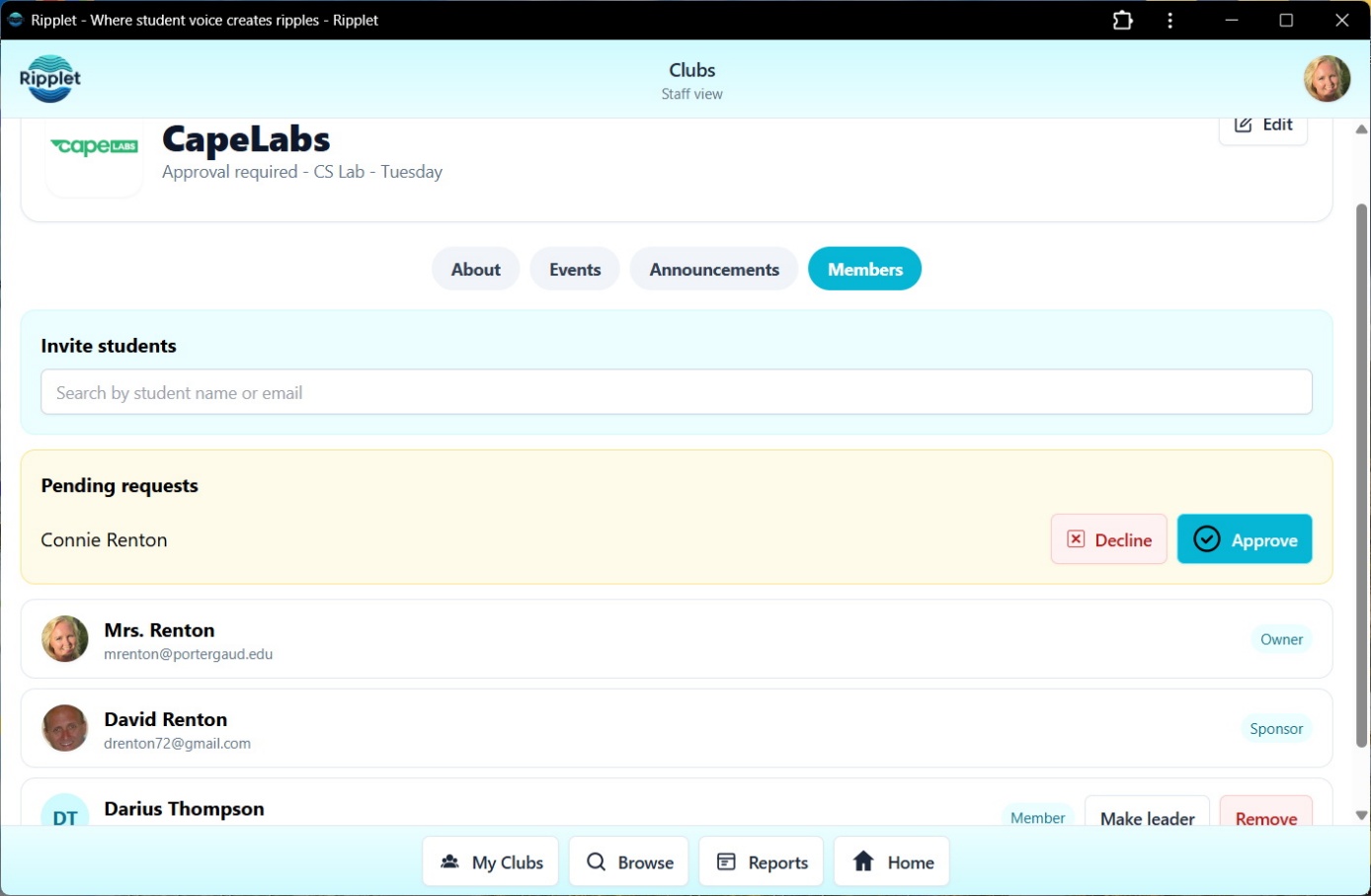 Club membership screenshot