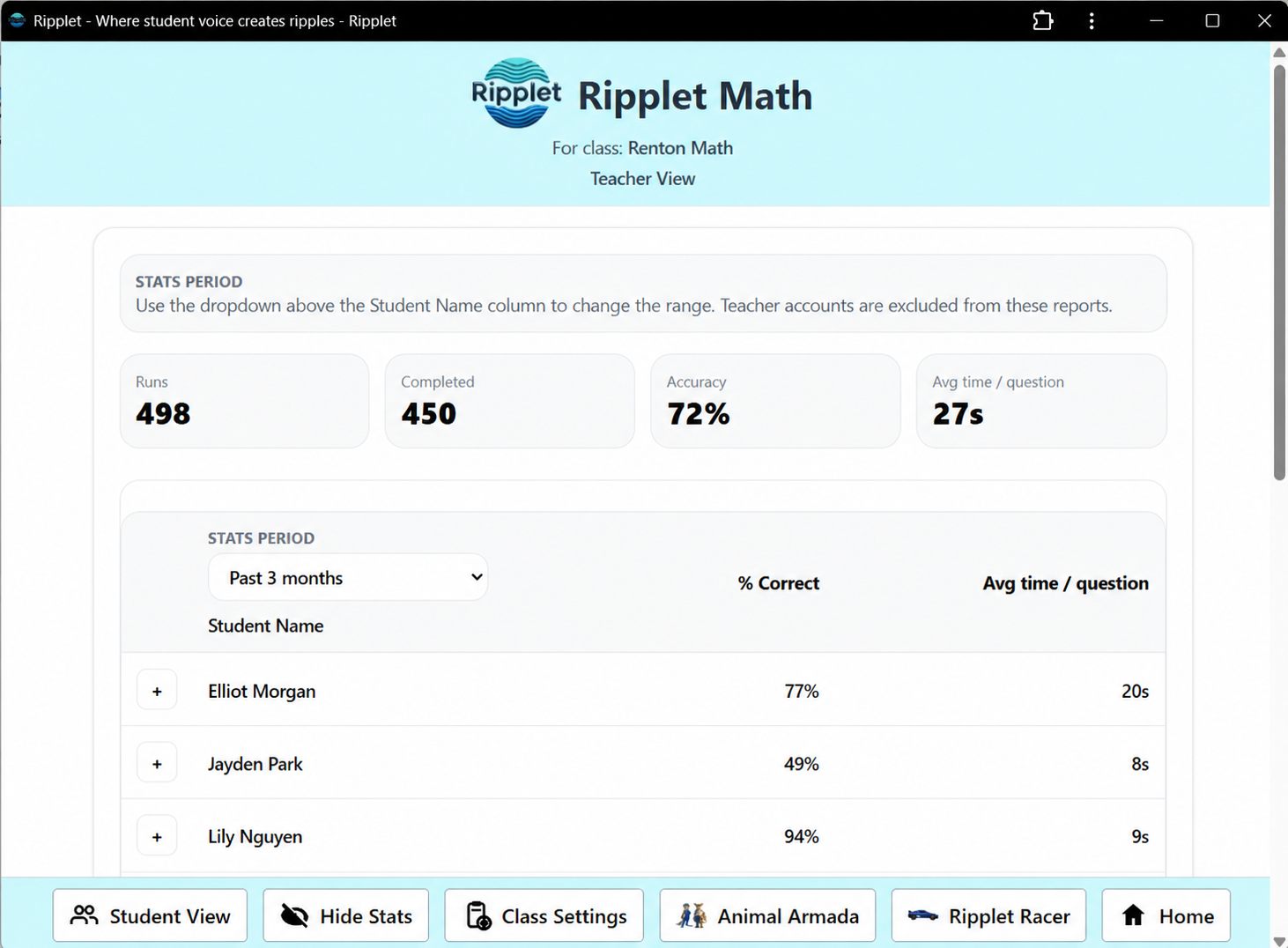 Math Fluency stats screenshot