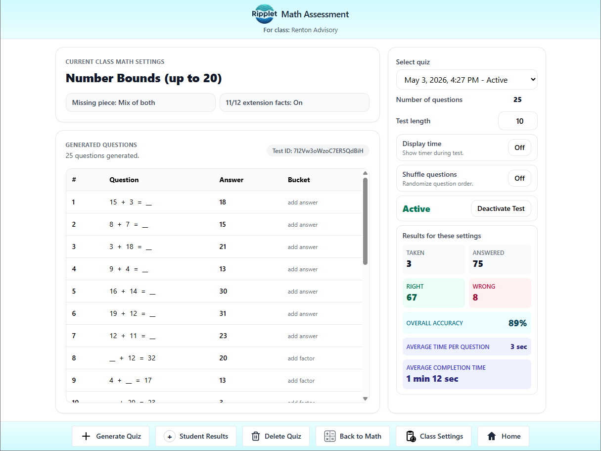 Math Assessment teacher center screenshot