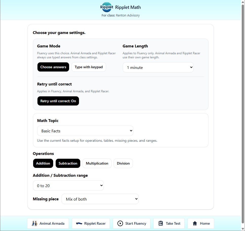 Math Assessment student flow screenshot