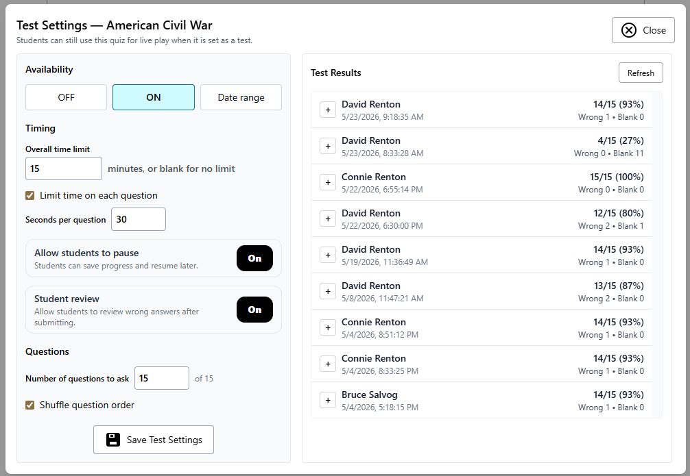Live Quiz timed test screenshot