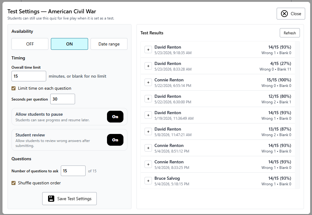 Live Quiz timed test screenshot