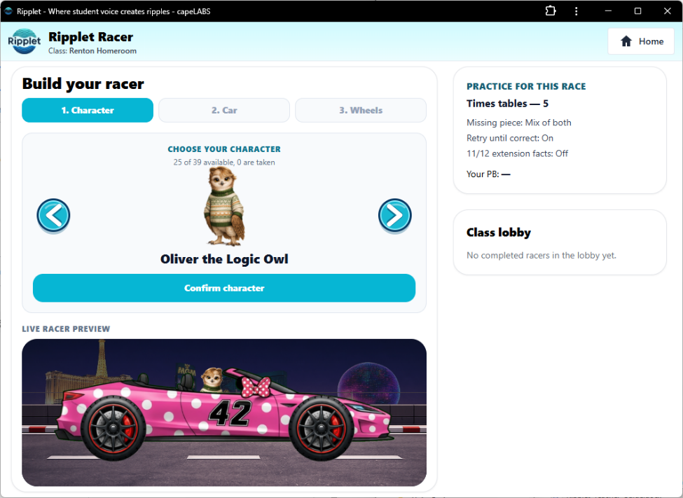 Ripplet Racer multiplayer setup screenshot