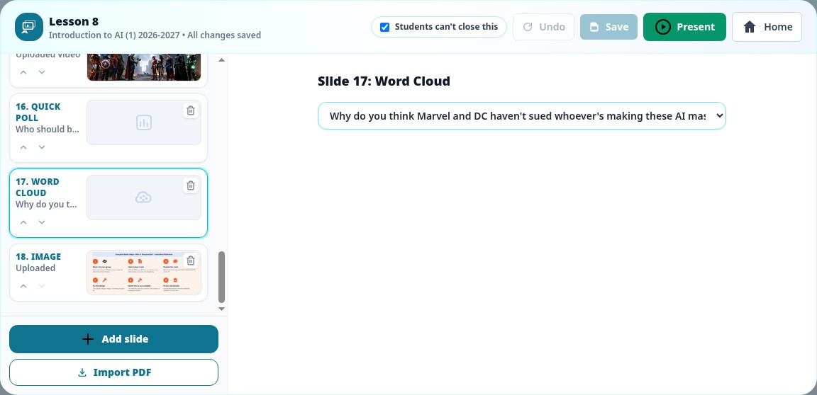 RippleDeck editor with Word Cloud slide selected