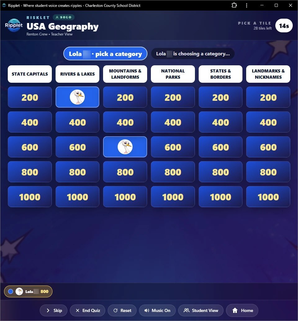 Risklet game-show quiz board